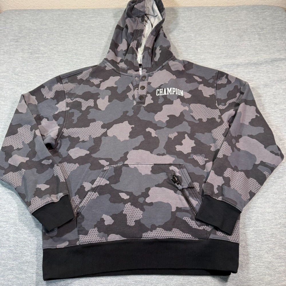 Champion Men's Camo Pullover Hoodie L Snap Neck Athletic Kangaroo Pocket Streetw